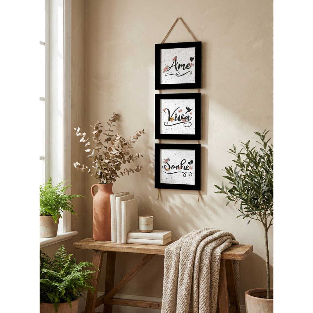 Trio Quadros Decorativos Cordinha Sisal Frase Religiosa Motivacional Floral Decoração Barata em Oferta na Shopee