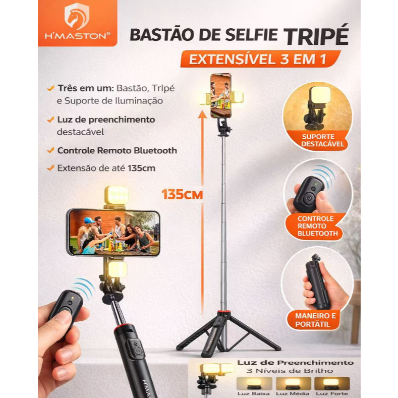 Bastão Tripé Pau De Selfie Suporte Celular Com Controle 135cm com Led Luz Original H'maston ZP15