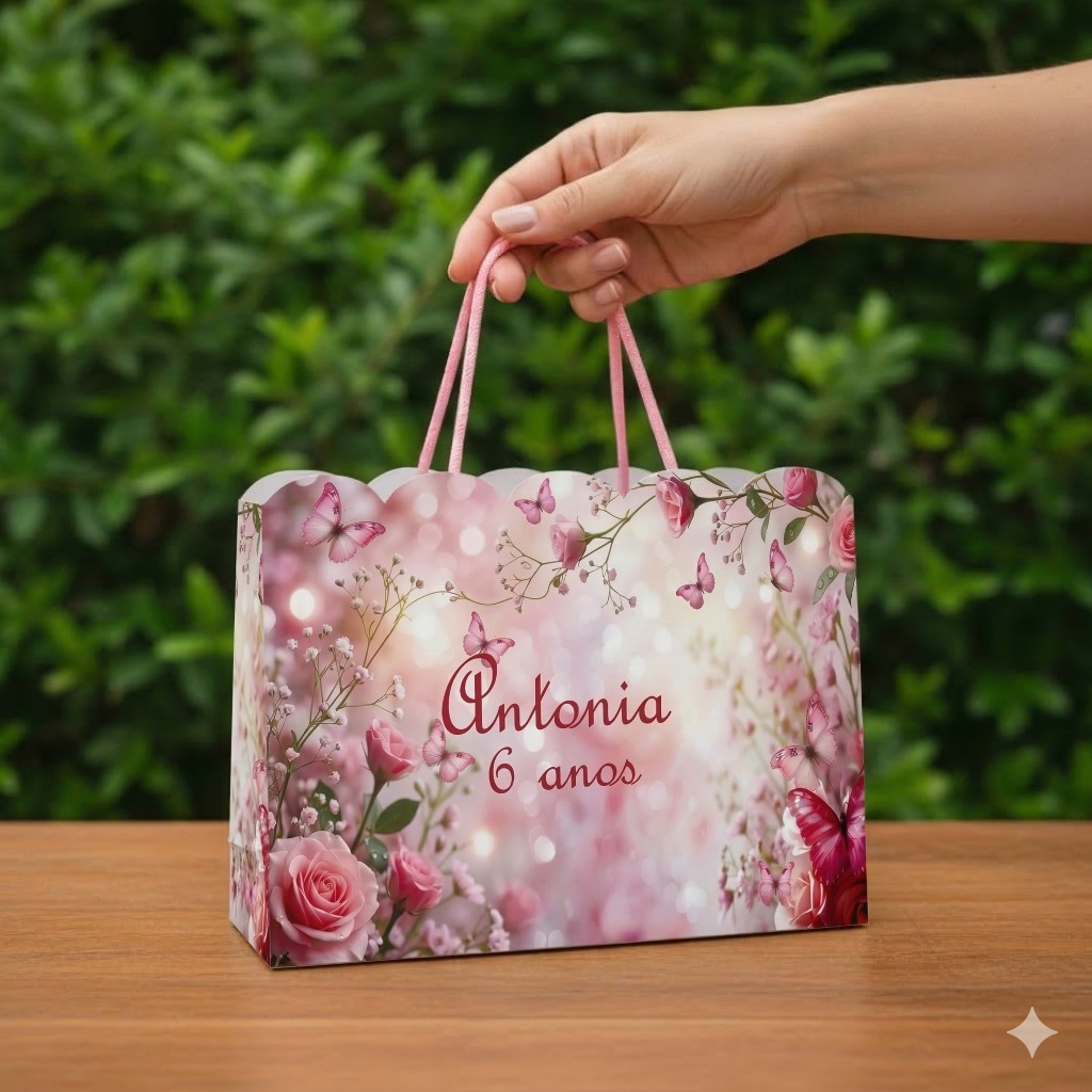 10 Sacolinhas Lembrancinha Festa Borboletas Floral Rosa Personalizada Nome e Idade Infantil (20x15x5cm)