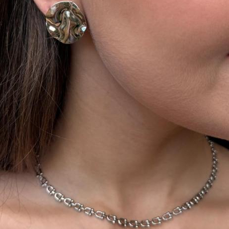Kit Conjunto Colar Choker e Brinco Texturizado Amassado Elos Prata Cordão de Elo Corrente Feminina