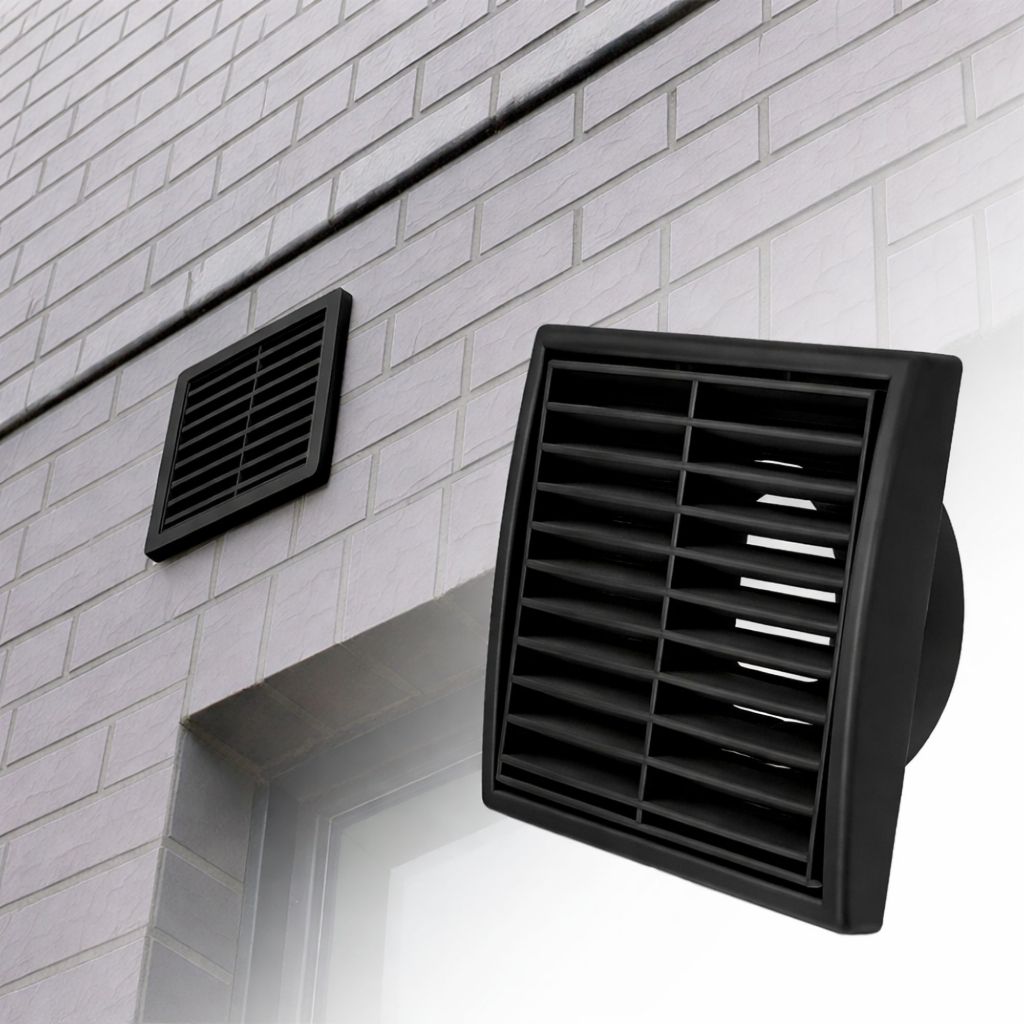 Grade Ventilação 125mm Quadrada Preta Com Tela Colarinho Coifa Duto Exaustor Acabamento Externo