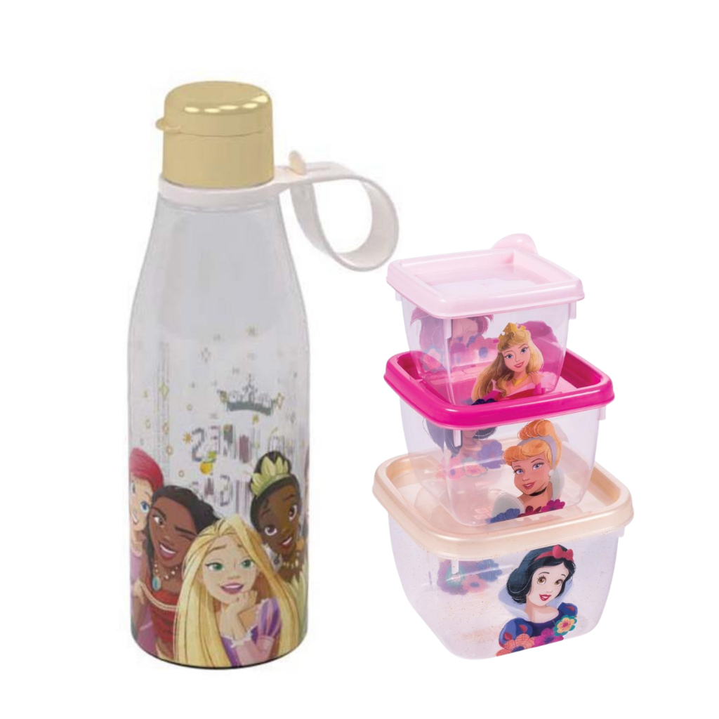 Kit Lancheira 3 Potes + Garrafa de água Infantil Princesas Lancheira Volta as Aulas