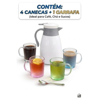 🔝 Jogo Garrafa Térmica 1L Victoria + 4 Canecas ( Sortidas) Kit Café Suco Chá Bebidas Quentes e Frias