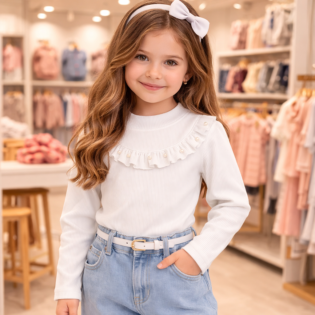 Blusa Infantil Manga Longa Feminina Canelada com Babado Pérolas Moda Infantil Estilosa Outono Inverno Menina Confortável em Oferta na Shopee
