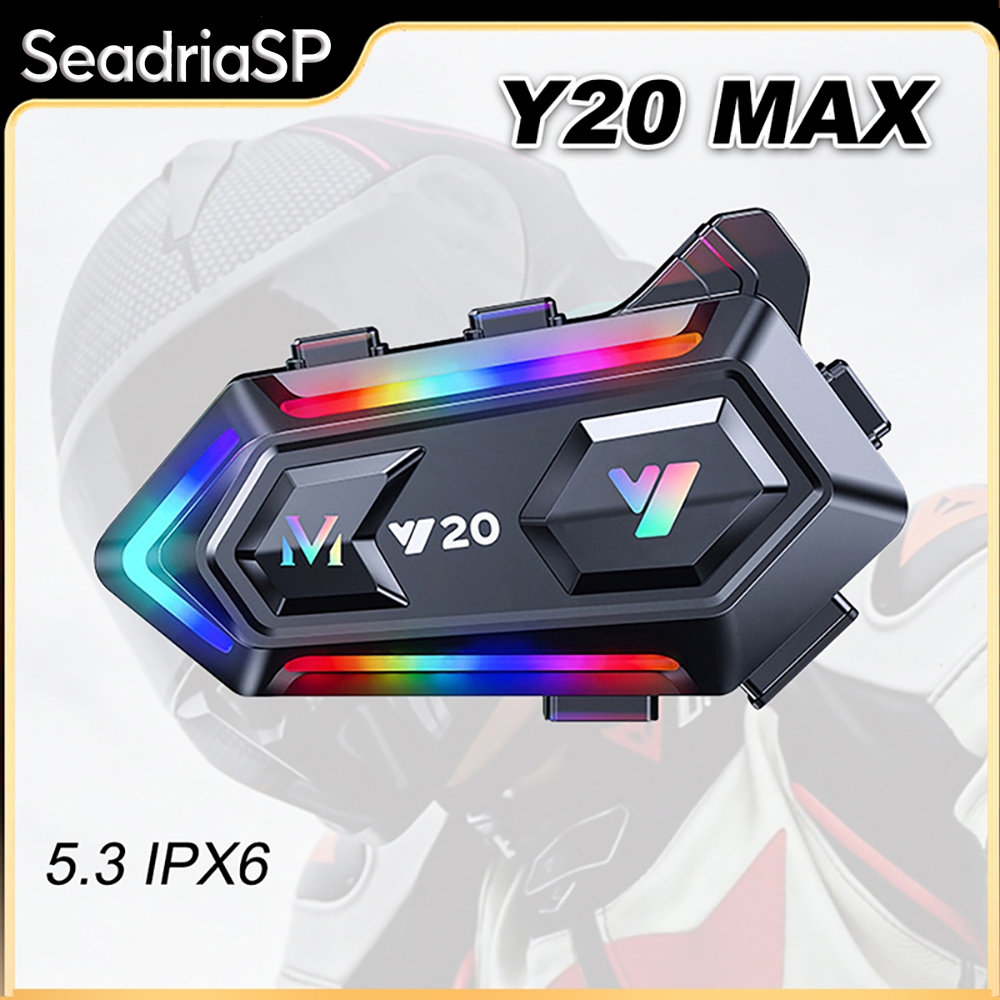 Y20 MAX Interfone Sem Fio Capacete Da Motocicleta Fone De Ouvido Bluetooth 5.3 IPX6 À Prova Dwaterproof Água RGB Con