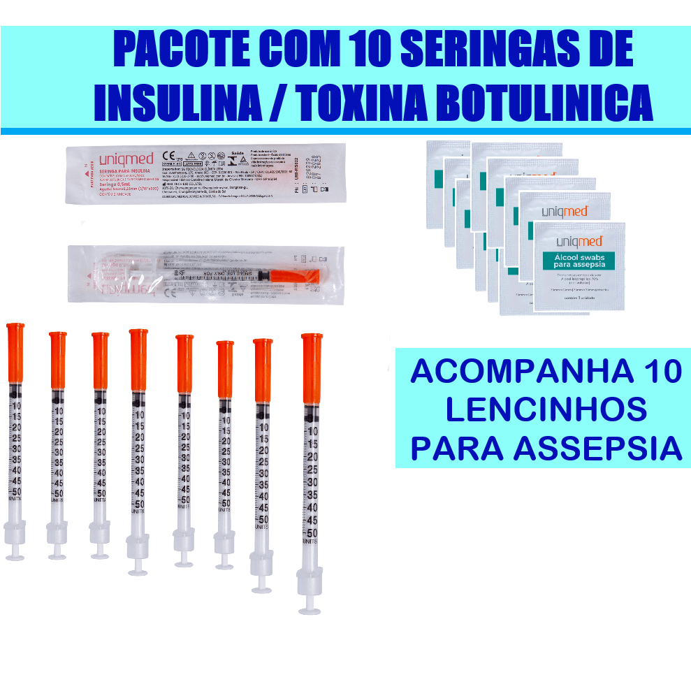 KIT 10 SERINGAS ULTRA FINA 0,5ml 6mmX0,25mm + 10 LENCINHOS PARA ASSEPSIA PARA INSULINA / TOXINA BOTULINICA