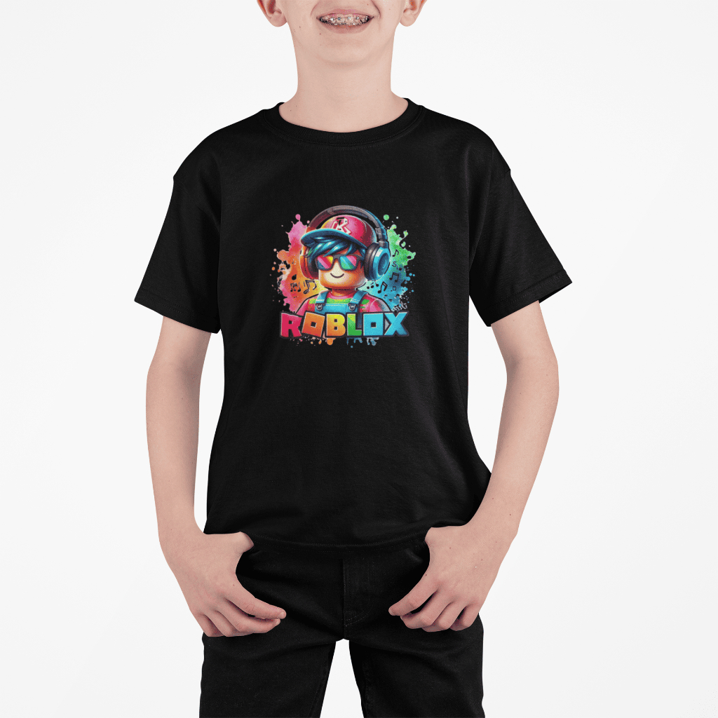 Camiseta Infantil 100% Algodão Confortável para Crianças Modelo: Personagem Roblo de Fone - Novidade Especial