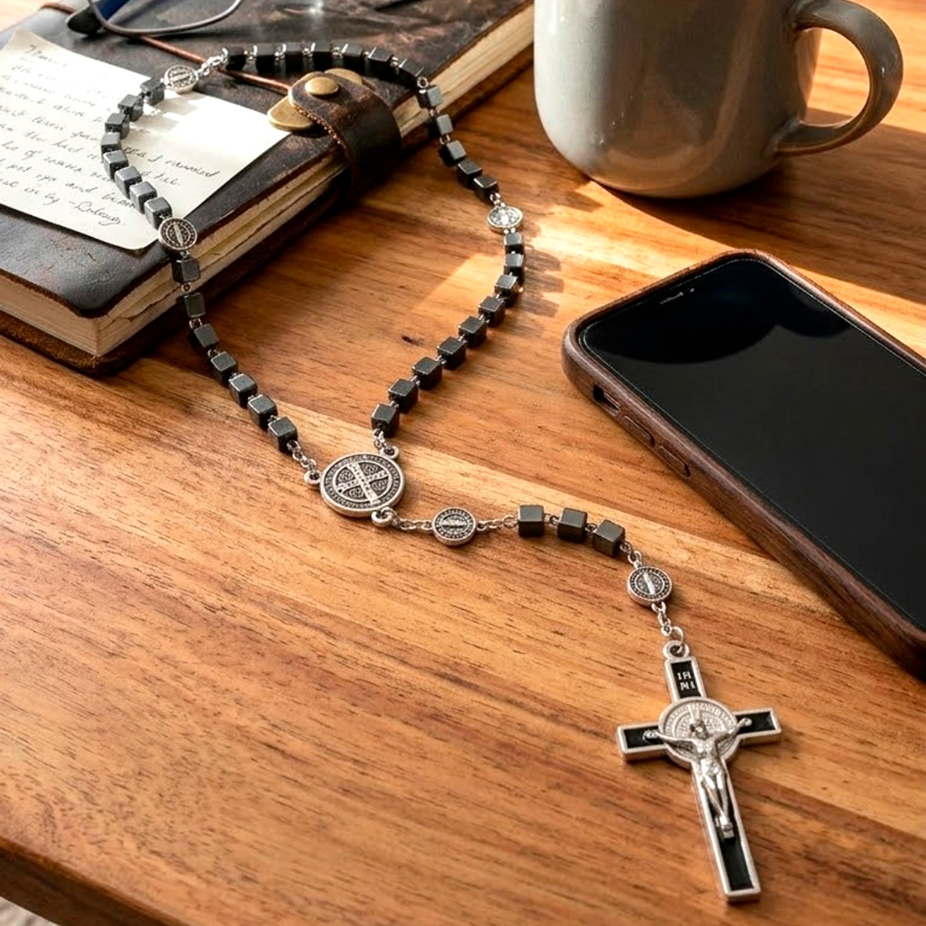 Terço de Pescoço Colar Religioso Medalha São Bento e Jesus Premium em Hematita 60cm Pesado Com Fecho