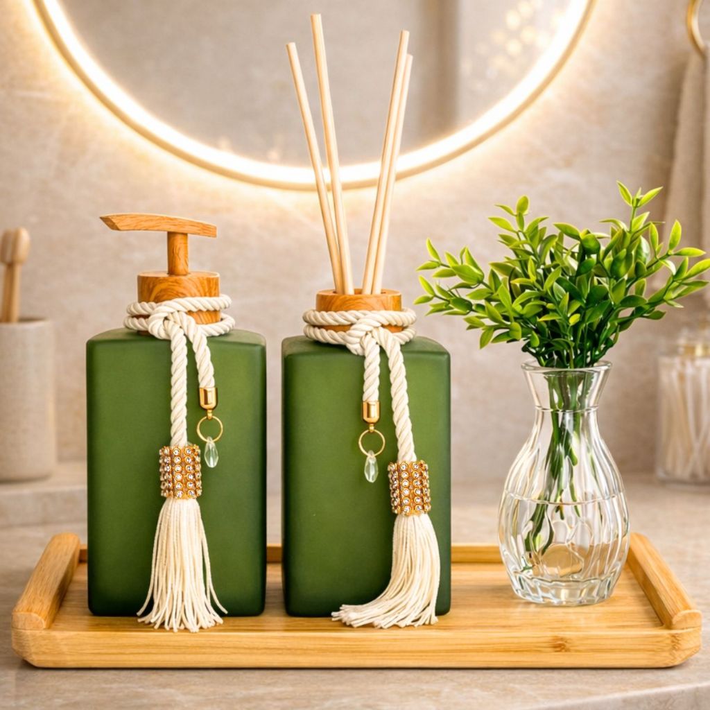 Kit Lavabo Luxo Vidro Fosco Bandeja Madeira Decorativo Completo Banheiro Elegante Aromatizador Porta Sabonete