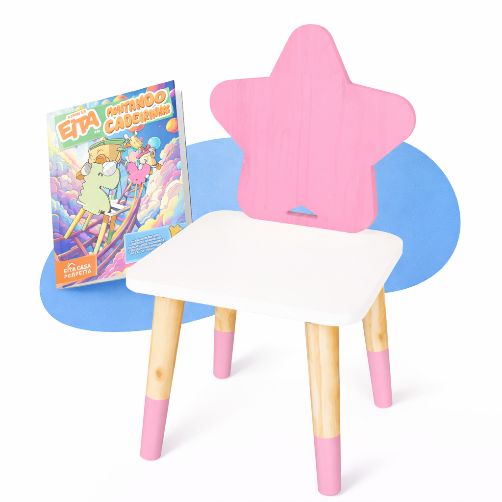 Cadeira Infantil De Madeira Estrela Montessori Brinquedo Pedagógico Lúdico Kit Livro Educativo