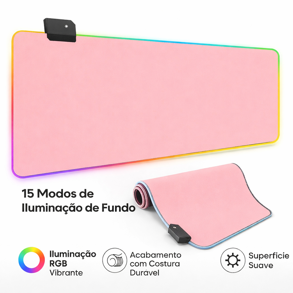 Mouse Pad Gamer Rosa Grande 80x30cm LED RGB 7 Cores 11 Efeitos Iluminado Antiderrapante