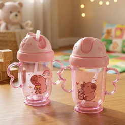 Copo Infantil Com Bico Silicone Canudo Alça Plástico 260ml Capivara