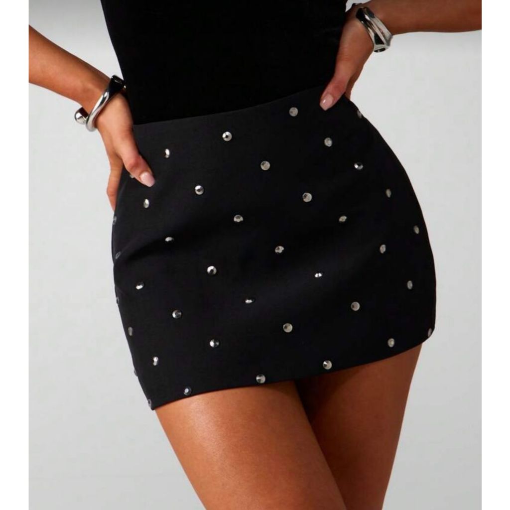 Saia Curta Feminina Cintura Alta Justa Sexy Elegante Balada Festa Moda Tendência Spike strass mulher