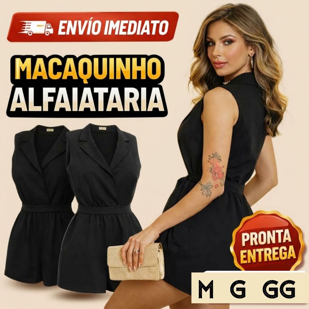 Macaquinho Alfaiataria Feminino Blazer  Preto Transpassado com Cinto Elegante Social Casual