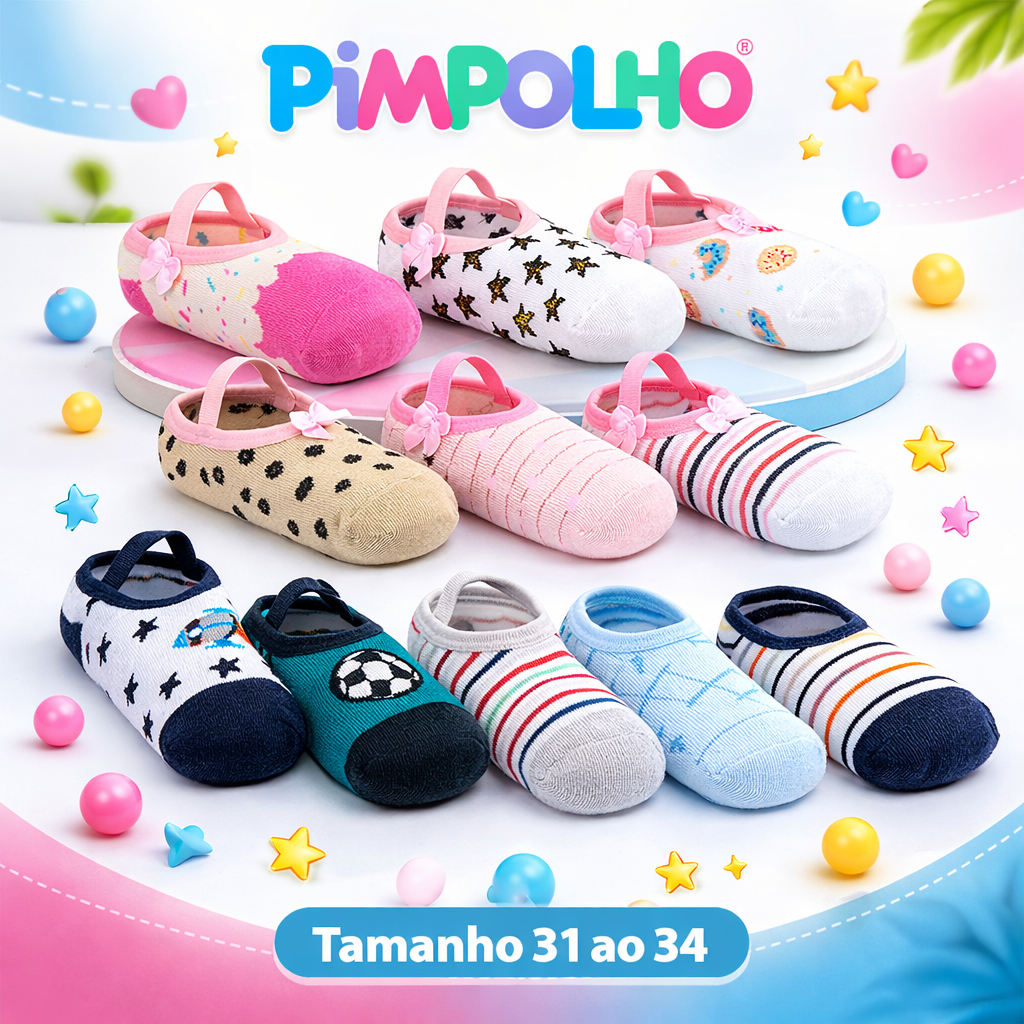 Meia Sapatilha Antiderrapante Infantil 31 ao 34 Pimpolho Confortável Menino Menina