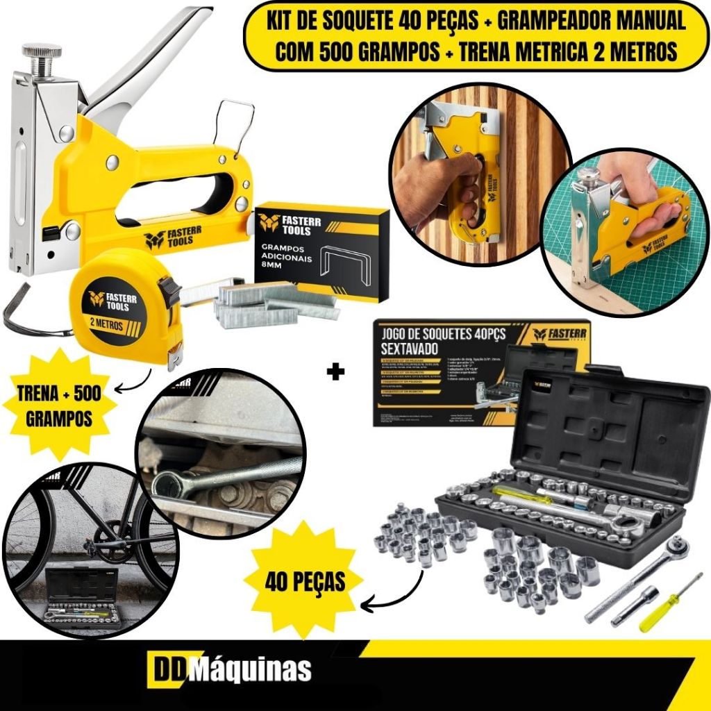 Kit de Soquetes 1/4-3/8 Com 40 Peças + Grampeador Manual Tapeceiro + 500 Grampos 8MM+ Trena -Fasterr