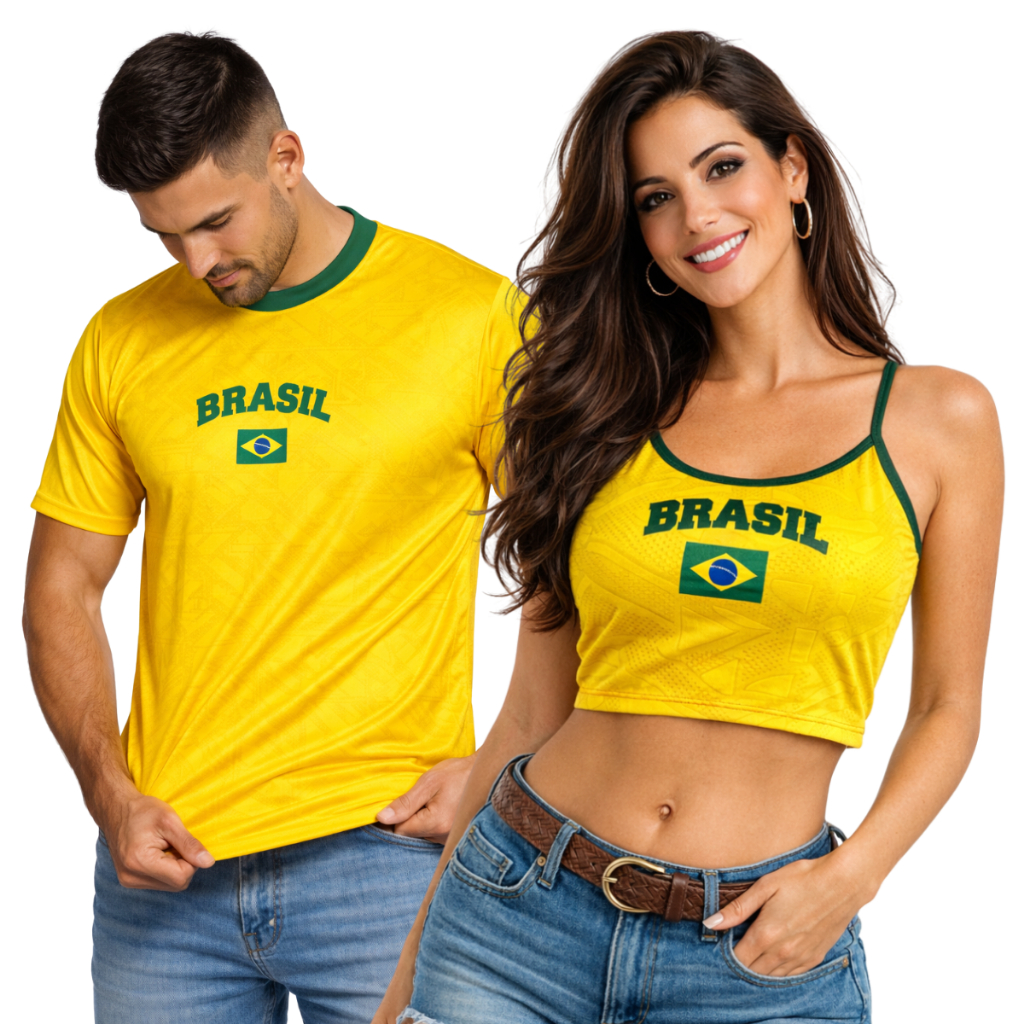 Kit Camiseta Masculina do Brasil e Crooped Baby Look ou Regatinha Feminina do Brasil Casal Brasil
