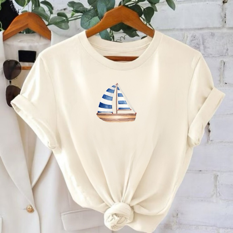 T-shirt Feminina Camiseta Algodão Blusa Estampada Verão Baby Look Praia Confortável T-Shirts Casual Sol