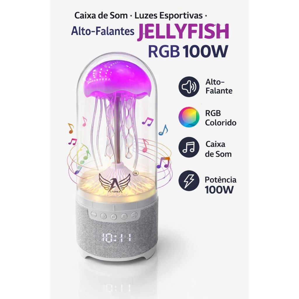 Abajur Luminária Agua Viva Movimento com LED Colorido Caixa de som Bluetooth Quarto, decoração