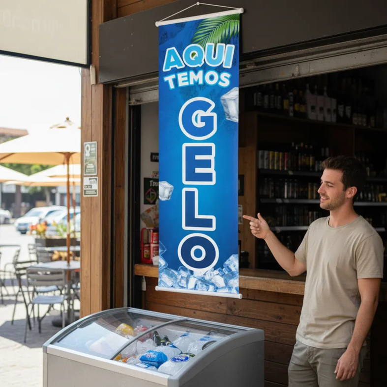 Banner Lona Faixa Divulgação Propaganda Temos Gelo Comércio Adega Distribuidora Impressão Premium
