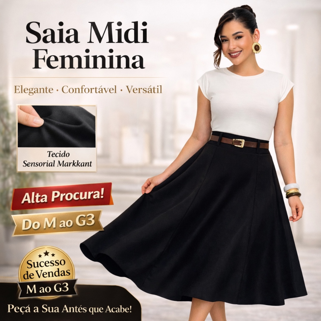 Saia Midi Feminina Alfaiataria Marant Cintura Alta Elegante Tecido Premium M G GG G1 em Oferta na Shopee