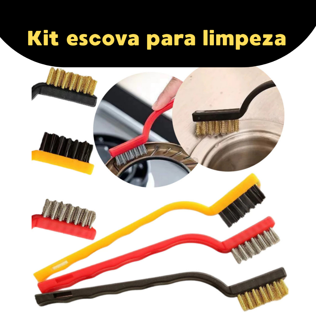Kit Escovas de Aço Multiuso Aço Latão Nylon Cabo Plástico Limpeza Forno Grelha Fogão e Churrasqueira