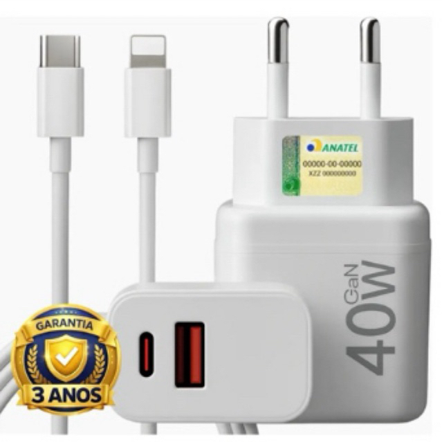 Carregador Turbo 40w Compativel Com iPhone 8 X Xr 11 12 13 14 Pro Max Usb Tipo C Duplo