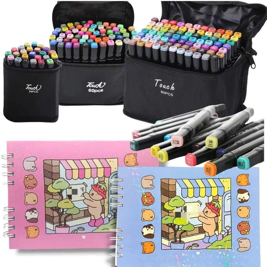 Kit Livro De Colorir Capa Dura 50 Páginas + 24/36/60/80/100 Cores Caneta Marcadora Com Ponta Dupla