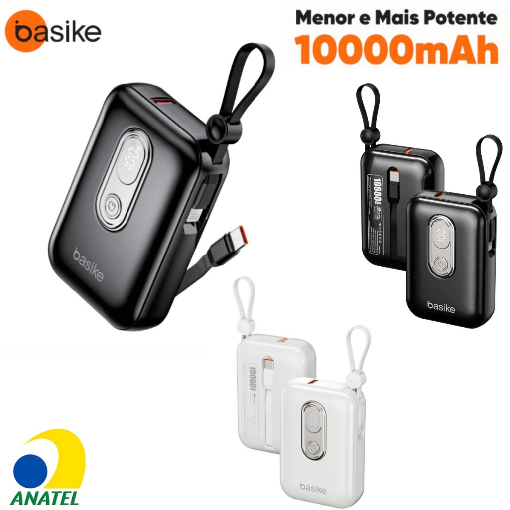 Basike Mini Power Bank Turbo 10000mAh 22.5W Carregador Portátil Rápido Cabo Incluso Display Digital