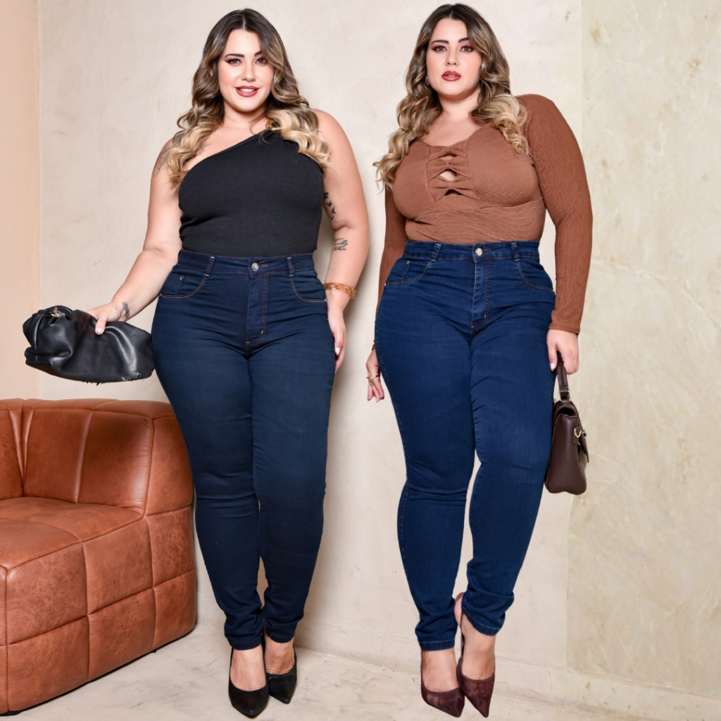 Calça Skinny Jeans Plus Size Feminina Cintura Alta Comprimento Longo