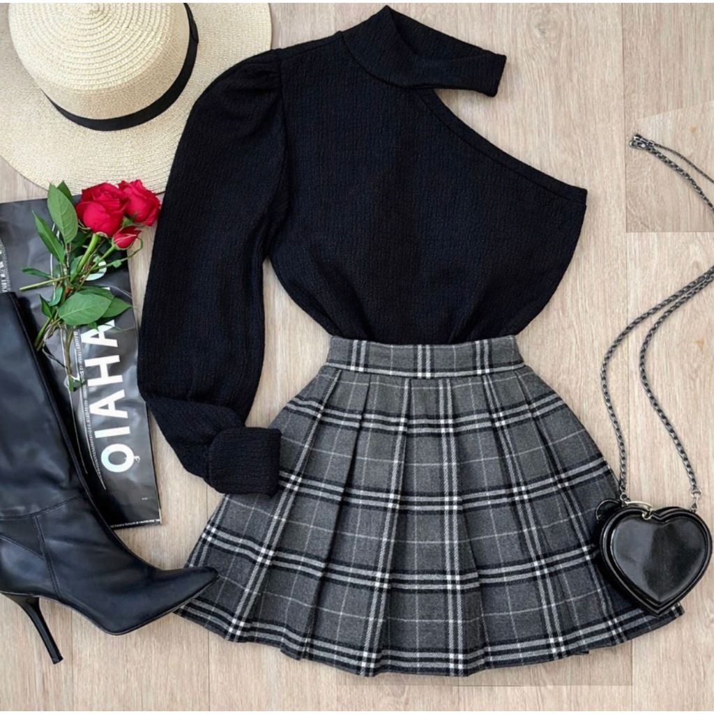 Saia Colegial Xadrez Rodadinha com Pregas | Cintura Alta + Zíper | Estilo Trend 2026