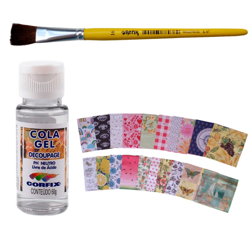 Guardanapo Papel Decoupagem Sortido C/20 + Cola Gel + Pincel 16 K-67