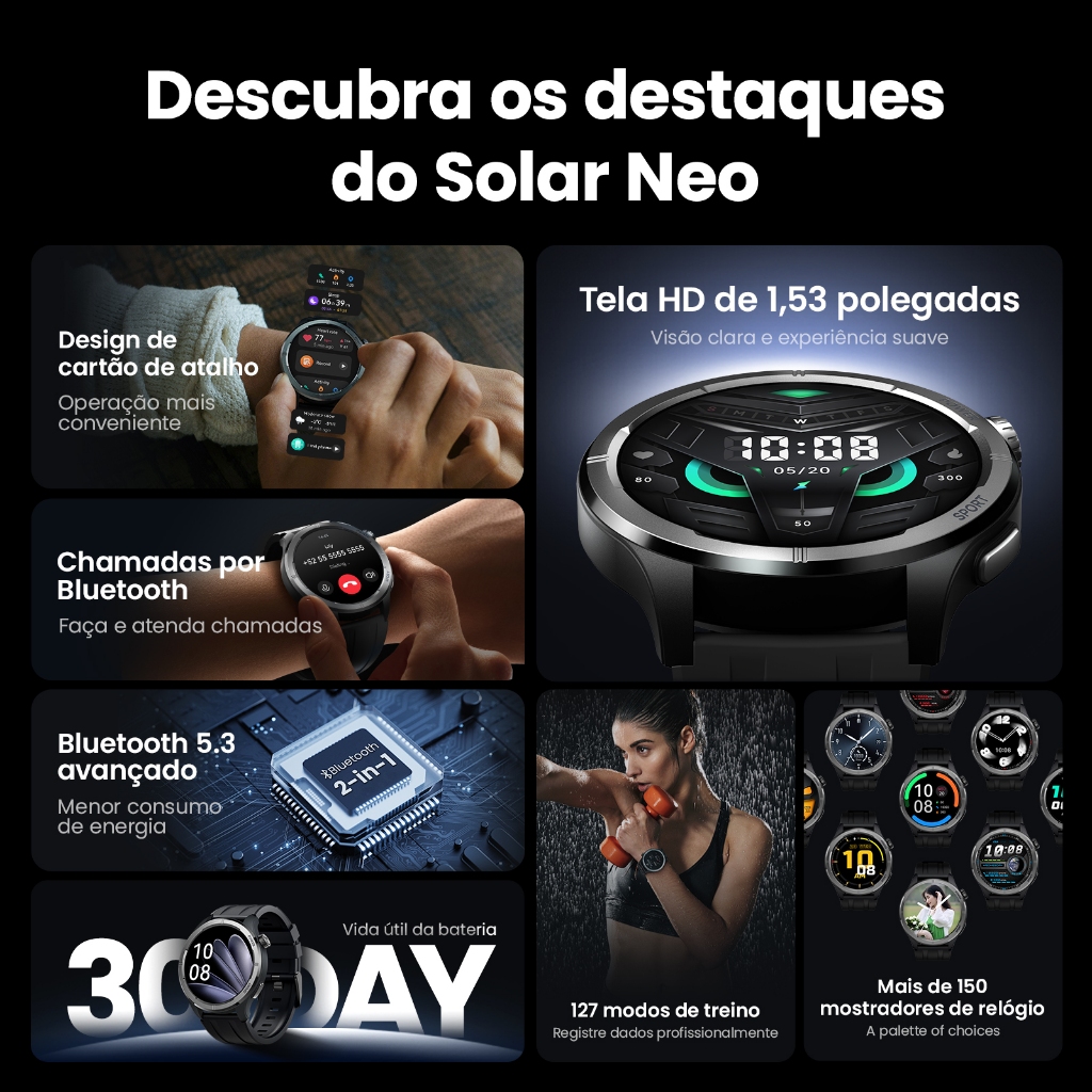 Smartwatch Haylou Solar Neo – Tela HD 1,53″, Chamadas Bluetooth, 127 Modos de Treino ORIGINAL