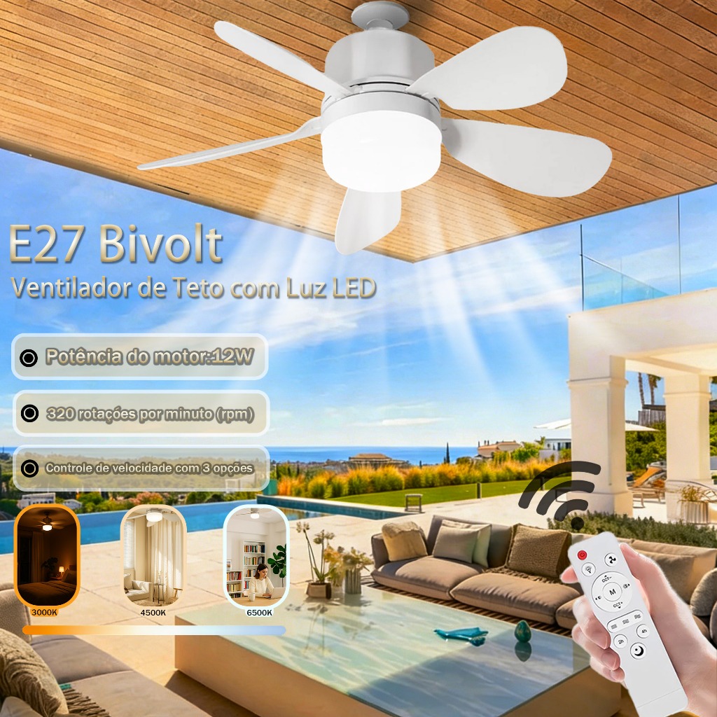 Ventilador de Teto com Luz LED, 3 Velocidades, Controle Remoto, Silencioso, Bivolt, 5 Lâminas em Oferta na Shopee