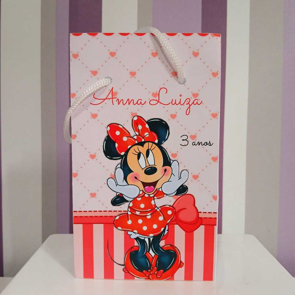 Sacolinha Surpresa Personalizada Minnie Vermelha Aquarela - Lembrancinha Aniversário - Tamanho P - PEGUE E MONTE