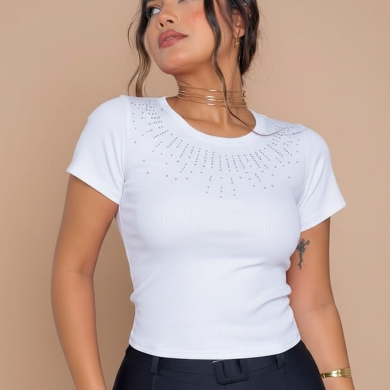 blusa feminina estilosa croppet casual canelado premium strass manga curta slim fit tendência tecido confortável