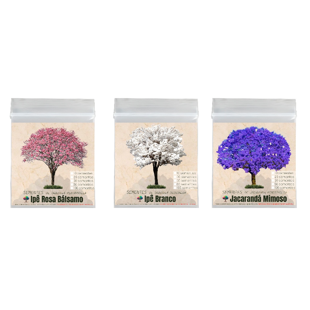 Coleção Encanto - Ipê Rosa, Ipê Branco, Jacarandá Mimoso - Sementes para Mudas - Semente e Cor