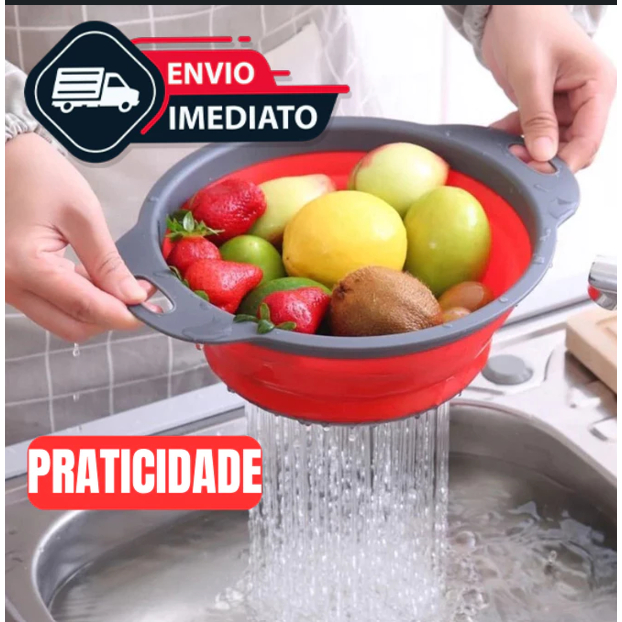 Escorredor Redondo Retrátil Dobrável Silicone 24 cm Multiuso Verduras Frutas Arroz Macarrão Casa