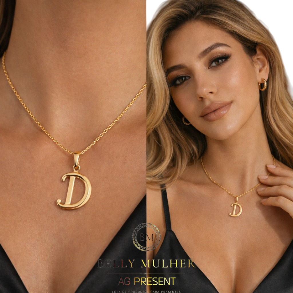 Detalhes do Colar Letra Pingente Inicial Nome Feminino Folheado a Ouro 18k e AÇO Inoxidável