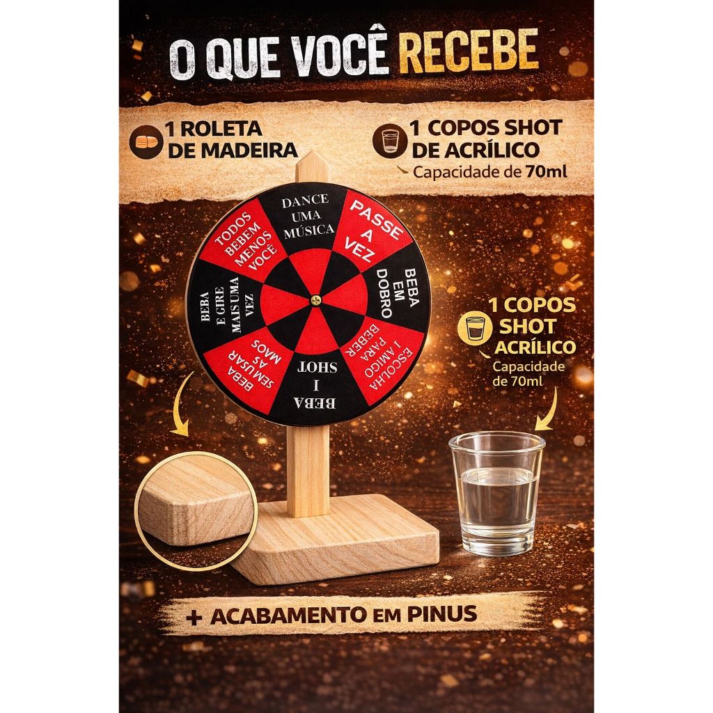 Roleta de Shot Jogo Brincadeira Amigos Diversão Bebida Madeira Cru Desafio