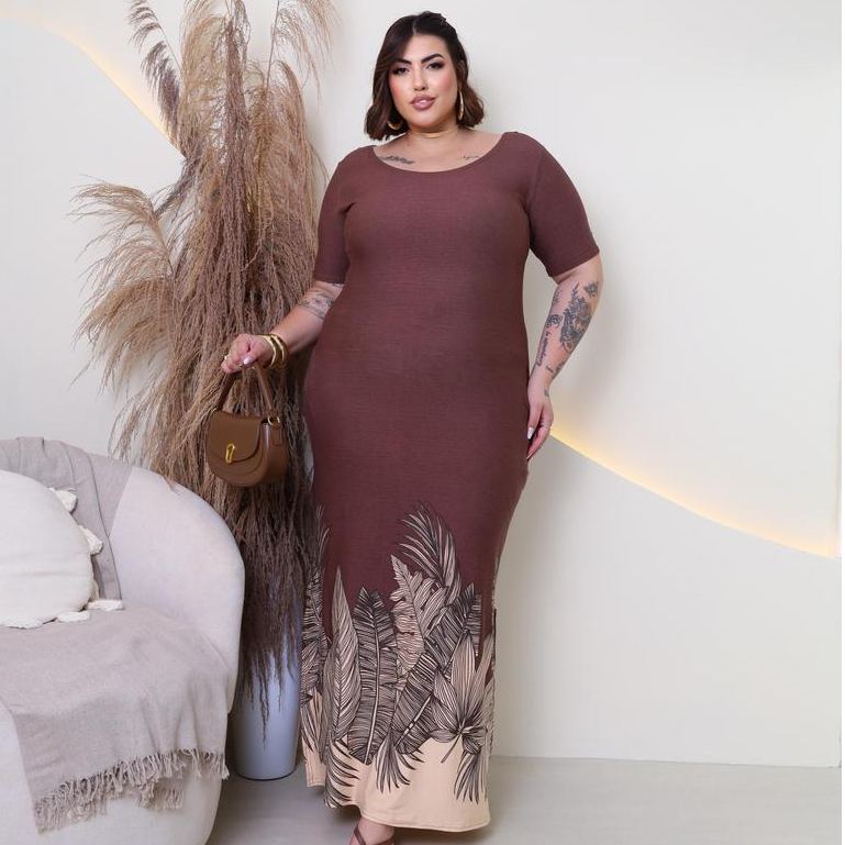 Vestido Longo Plus Size evangélico Bolsos Fenda Lateral Gola U Elegante Moderno moda cristã curve