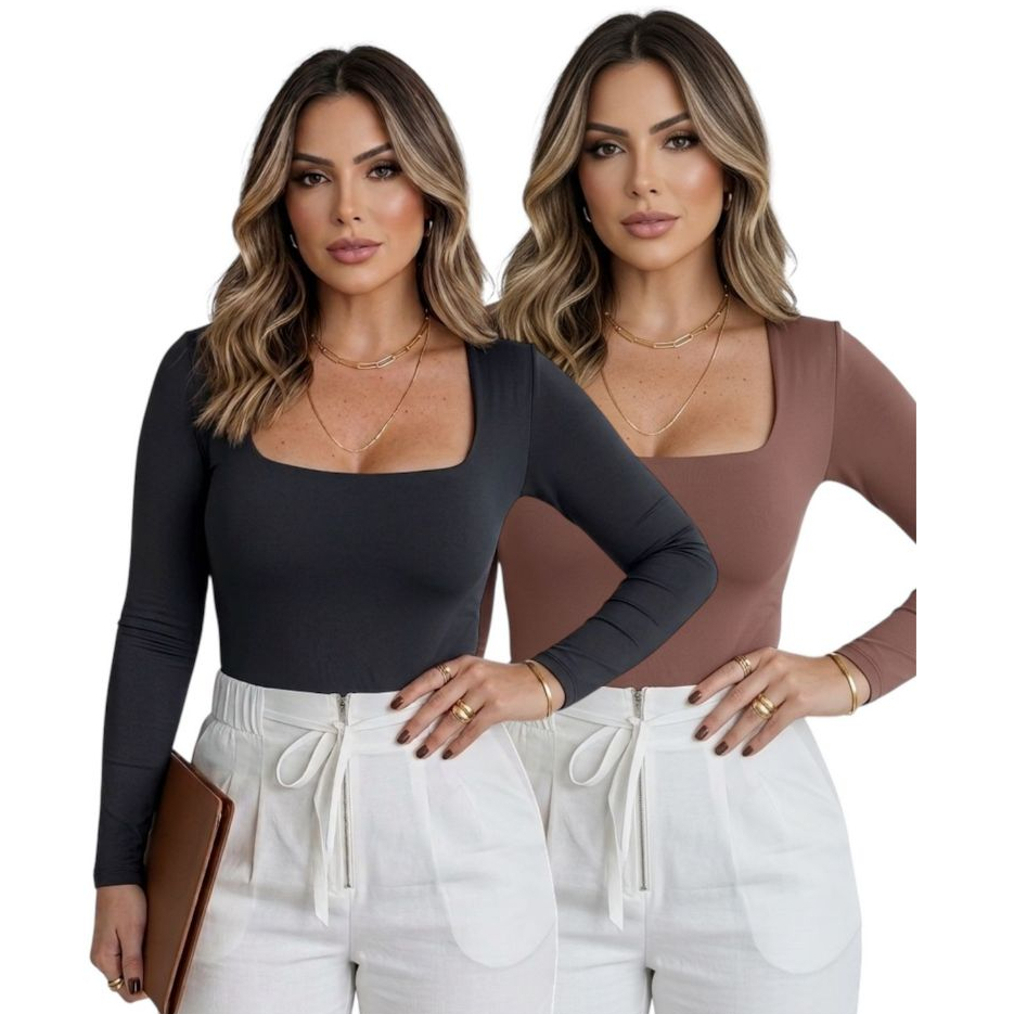 Blusa Feminina Manga Longa Suplex Decote Quadrado Poliamida Baby Tee Academia Proteção UV Academia