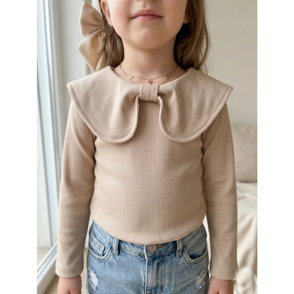 Blusa Manga Longa Roupa Feminina Infantil Blusinha Canelada Gola de Laço inverno frio