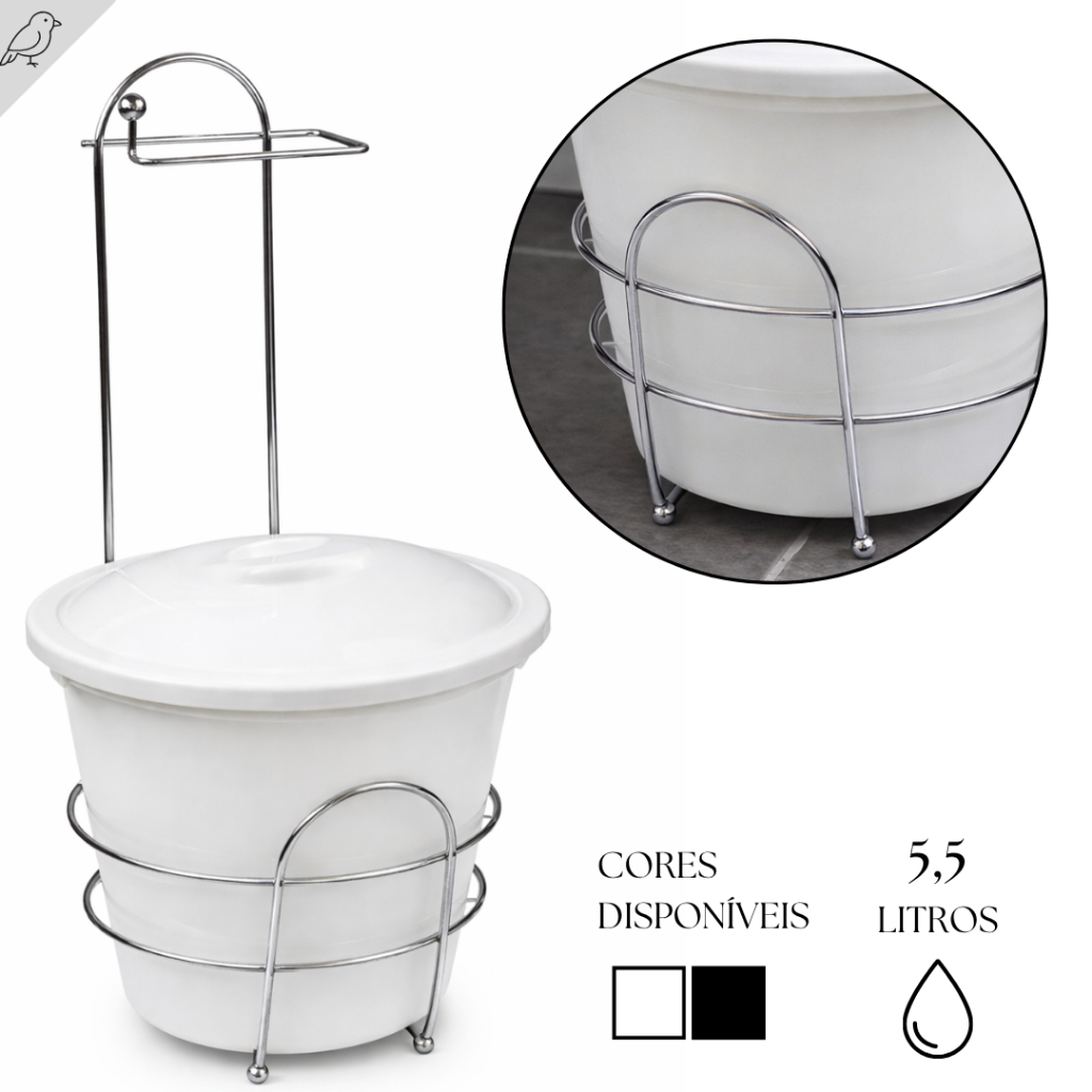 Cesto De Lixo Com Suporte Para Papel Higiênico 5,5 Litros COR BRANCO E PRETO Praticidade Compacto