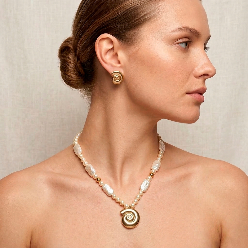 Conjunto Caramujo Liso e Pérolas Colar e Brincos Banhado a Ouro 18k Feminino Semi Joias