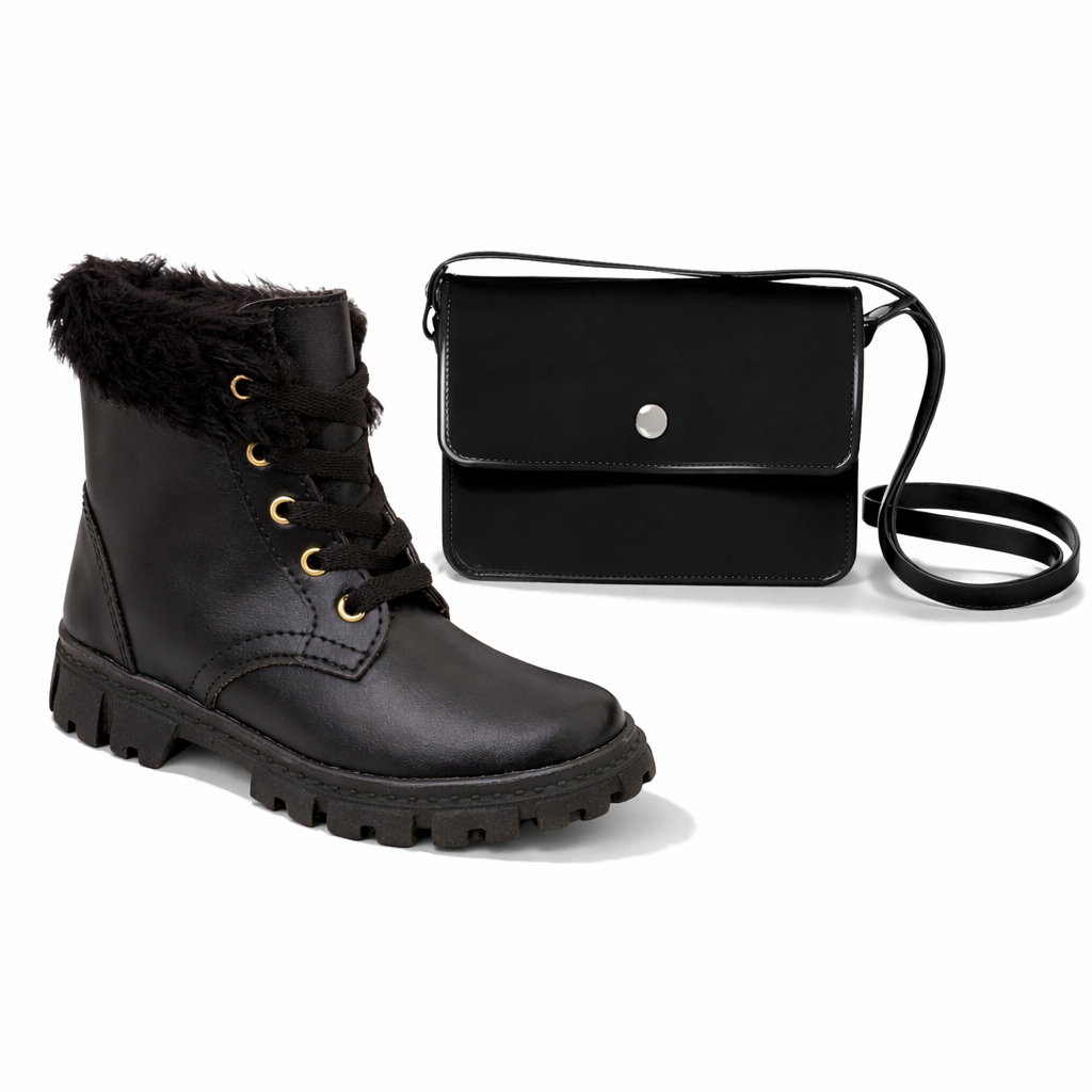 Kit Coturno e Bolsa Feminino Infantil Bota Infantil Com Bolsinha Injetada Menina
