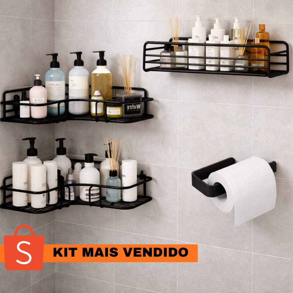 Conjunto 4 Suporte Prateleira Porta Shampoo de Canto e Reto Com Adesivo Organizador