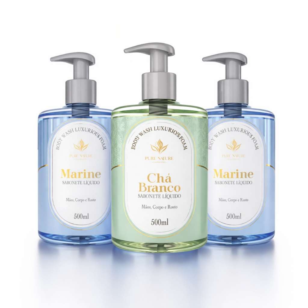 Kit 3 Sabonetes Líquidos Para Mãos 500ml Fragrâncias Luxuosas Chá Branco e Marine