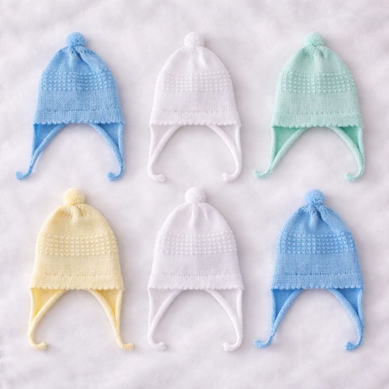 6 GORROS BEBÊ RECÉM NASCIDO - MATERNIDADE - TRICÔ - LÃ - DE AMARRAR