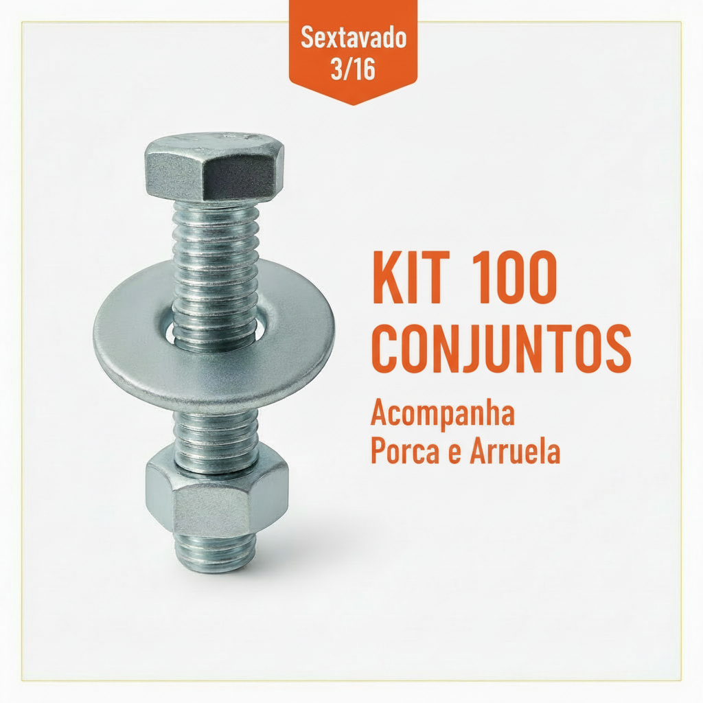 Kit 100 Parafusos Sextavados 3/16 Zincado (Escolha o Tamanho) + Porcas e Arruelas
